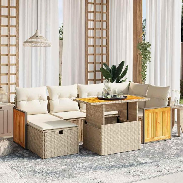 vidaXL 7-delige Loungeset met kussens poly rattan beige, Tuin en Terras, Tuinsets en Loungesets, Loungeset, Nieuw, Rotan, Verzenden