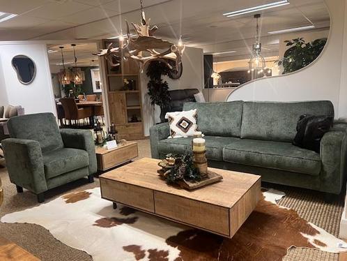 Nieuw bankstel 4 + 1 fauteuil stof groen van 2495 nu 1350.-, Huis en Inrichting, Banken | Bankstellen, Rechte bank, Nieuw, Stof