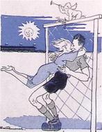 Vrouw omhelst voetballer op spotprent (lijst optie, Lithos), Verzenden