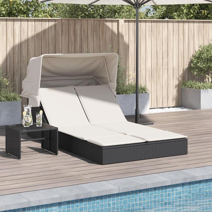 vidaXL Ligbed 2-persoons met luifel en kussens poly rattan, Tuin en Terras, Ligbedden, Nieuw, Verzenden