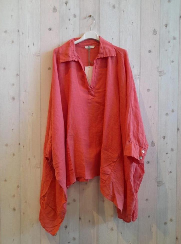 Oversized Linnen blouse met lange mouwen - krag en V-hals -, Kleding | Dames, T-shirts