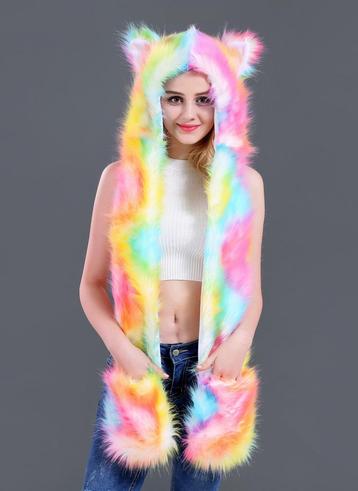 Hood Tie Dye Regenboog Wolf Wit Gekleurde Beer Muts met Sjaa beschikbaar voor biedingen