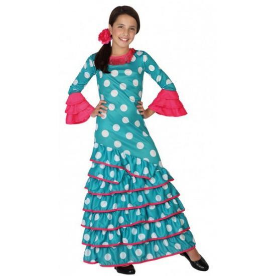 Blauwe Spaanse verkleedjurk voor kids - Spaanse kleding, Kinderen en Baby's, Carnavalskleding en Verkleedspullen, Ophalen of Verzenden