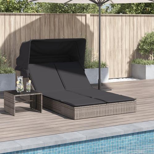 vidaXL Ligbed 2-persoons met luifel en kussens poly rattan, Tuin en Terras, Ligbedden, Nieuw, Verzenden