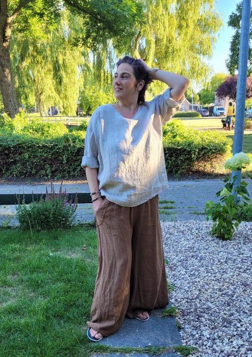 Linnen lange broek met zijzakken en brede pijpen, BRUIN,, Kleding | Dames, Broeken en Pantalons
