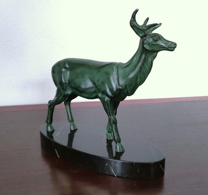 Beeldje - Art-Déco - Cerf sur marbre - Groen gepatineerd,, Antiek en Kunst, Curiosa en Brocante