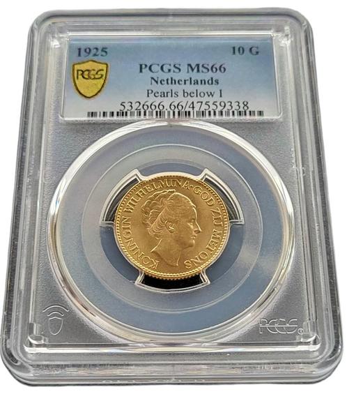 Gouden Wilhelmina 10 gulden 1925 MS66 Pearl below I variant, Postzegels en Munten, Munten | Nederland, Losse munt, 10 gulden, Koningin Wilhelmina