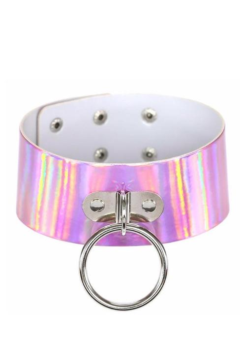 Choker Breed Roze Ring Holografisch Iridescent Halsband Coll, Sieraden, Tassen en Uiterlijk, Kettingen, Roze, Nieuw, Verstelbaar