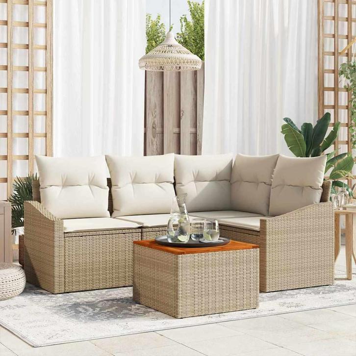vidaXL Tuin Sofa Set met kussen 5 pcs Beige Poly riet, Tuin en Terras, Tuinsets en Loungesets, Nieuw, Rotan, Verzenden