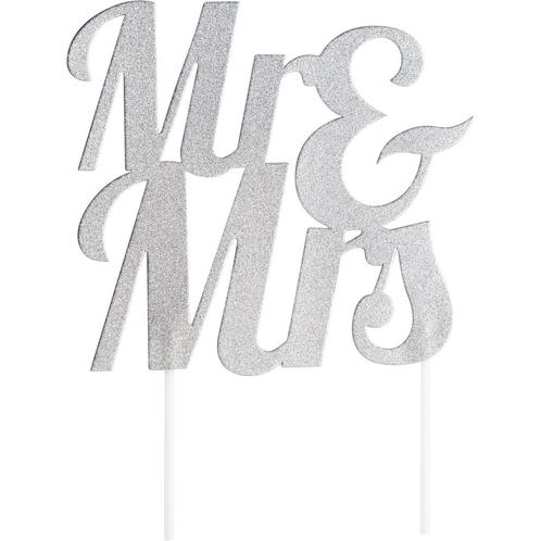 Zilveren Bruiloft Taarttopper Mr & Mrs 23cm, Hobby en Vrije tijd, Feestartikelen, Nieuw, Verzenden