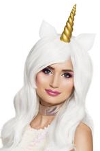 Witte Pruik Eenhoorn Lang Schuine Pony Gouden Hoorn Unicorn, Nieuw, Carnaval, Ophalen of Verzenden