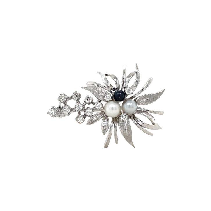 Witgouden vintage broche met parel, saffier en diamant 14, Sieraden, Tassen en Uiterlijk, Broches, Nieuw, Ophalen of Verzenden