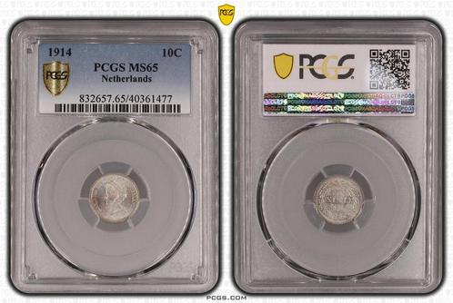 Koningin Wilhelmina 10 cent 1914 MS65 PCGS gecertificeerd, Postzegels en Munten, Munten | Nederland, Losse munt, Zilver, Verzenden