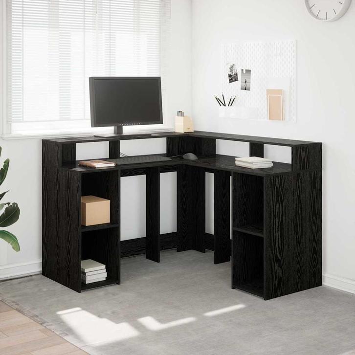 vidaXL Bureau met plank Zwart Eiken 130 x 130 x 91 cm, Huis en Inrichting, Bureaus, Nieuw, Verzenden