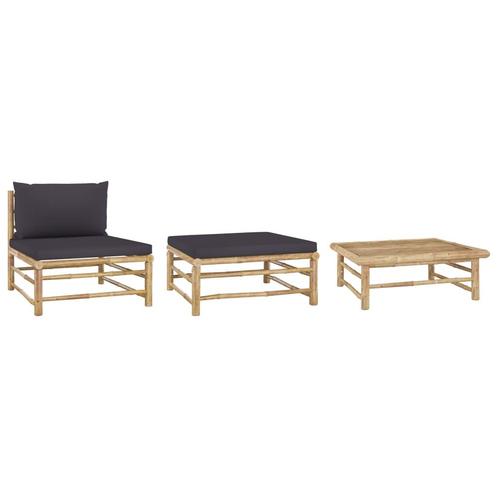 vidaXL 3-delige Loungeset met donkergrijze kussens bamboe, Tuin en Terras, Tuinsets en Loungesets, Loungeset, Nieuw, Hout, Verzenden