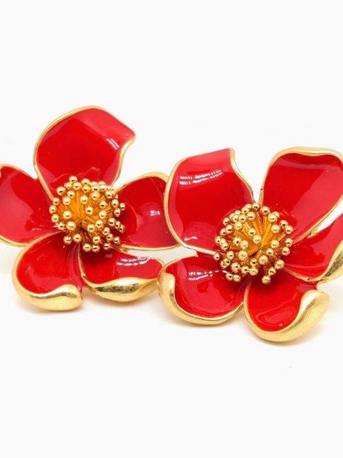 Oscar De La Renta - Verguld - Oorbellen - Rood Bloem, Antiek en Kunst, Curiosa en Brocante