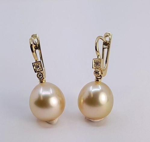 Oorbellen - 14 karaat Geel goud - 0.07ct. tw. - 11x12mm, Sieraden, Tassen en Uiterlijk, Oorbellen