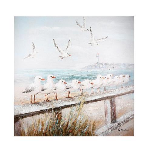 Hout/linnen schilderij Seaside blauw/wit/grijs, meeuwen 60, Huis en Inrichting, Woonaccessoires | Wanddecoraties, Nieuw, Verzenden