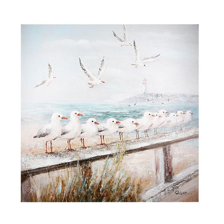 Hout/linnen schilderij Seaside blauw/wit/grijs, meeuwen 60, Huis en Inrichting, Woonaccessoires | Wanddecoraties, Nieuw, Verzenden