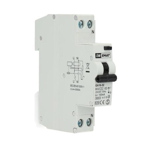 EMAT aardlekautomaat 1-polig+nul 32A B-kar 100mA (85006050), Doe-het-zelf en Verbouw, Elektra en Kabels, Verzenden