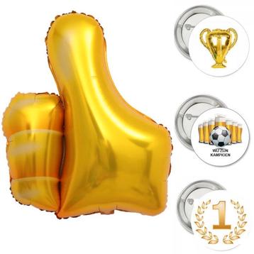 Decoratie set Thumbs Up met folie ballon Duim XL + 3 buttons beschikbaar voor biedingen