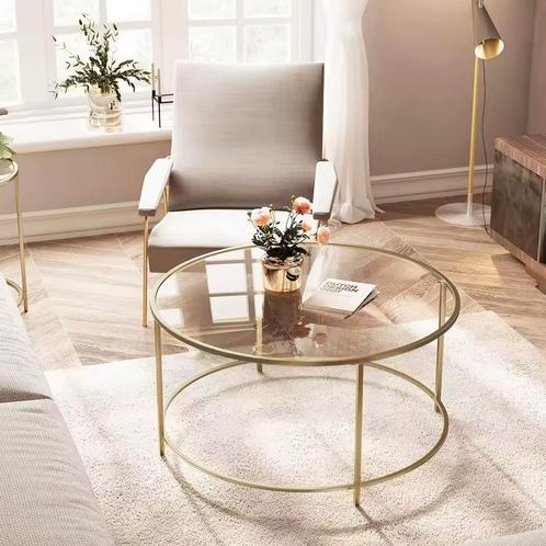 Luxe Ronde Salontafel van Ijzer (Goud) en Glas 84x84x45,5cm, Huis en Inrichting, Tafels | Salontafels, 50 tot 100 cm, Nieuw, Glas