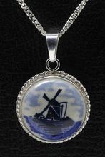 Zilveren Molen Delftsblauw rond 22mm ketting hanger, Verzenden, Nieuw