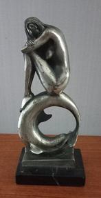Beeldje, Jonge naakte dame op dolfijn - 20 cm - Sterling