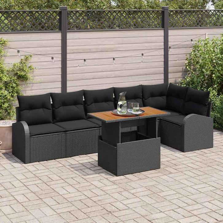 vidaXL Tuin Sofa Set met kussen 7 pcs Zwart, Tuin en Terras, Tuinsets en Loungesets, Nieuw, Rotan, Verzenden