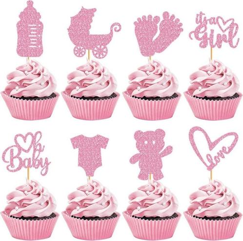 8 cupcakeprikkers Baby Girl roze of blauw + 8 cupcakebakjes, Hobby en Vrije tijd, Taarten en Cupcakes maken, Taarten of Cupcakes