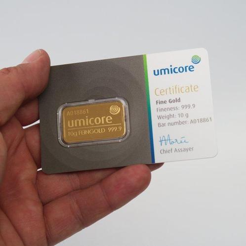 10 gram - Goud .999 - Umicore, Belgium - Verzegeld en met, Postzegels en Munten, Edelmetalen en Baren
