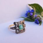 Gouden Art deco ring met smaragd en roos geslepen diamant..., Goud, Met edelsteen, Gebruikt, Ophalen of Verzenden