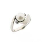 Witgouden ring met parel en diamant | 0,05 ct. (elegant), Gebruikt, Overige kleuren, Ophalen of Verzenden, Kleiner dan 17
