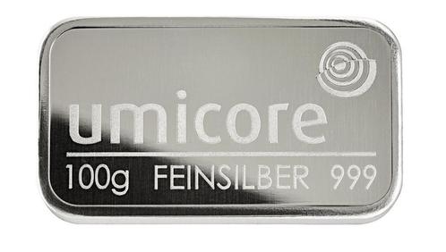 Umicore zilverbaar 100 gram met certificaat | Goudonline, Postzegels en Munten, Edelmetalen en Baren, Zilver, Verzenden