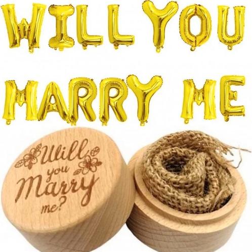 Aanzoek set Will You Marry Me met ballonnen en houten doosje, Hobby en Vrije tijd, Feestartikelen, Valentijn of Romantisch, Nieuw