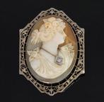Broche - 14 karaat Witgoud Diamant (Natuurlijk) - Camee dame, Sieraden, Tassen en Uiterlijk, Antieke sieraden