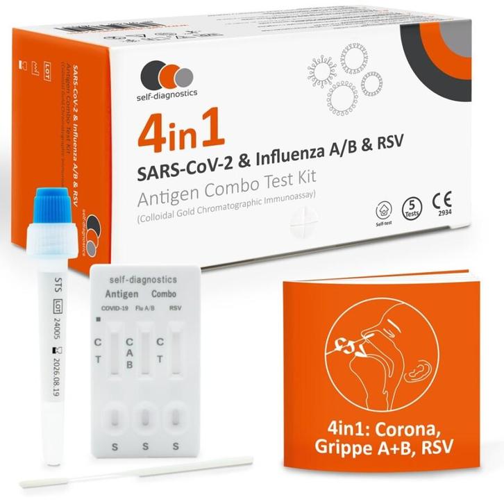 Corona & Griep (Influenza A/B) & RSV Sneltest 4 in 1 - 5, Diversen, Verpleegmiddelen, Nieuw, Verzenden