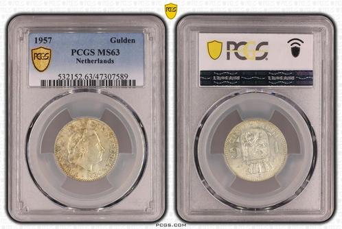 Koningin Juliana zilveren 1 gulden 1957 MS63 PCGS, Postzegels en Munten, Munten | Nederland, Losse munt, 1 gulden, Koningin Juliana