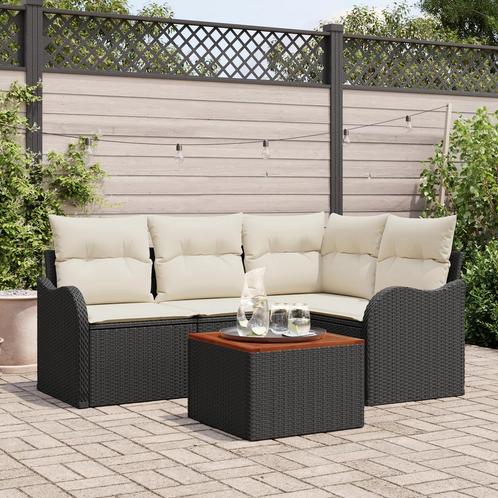 vidaXL Tuin Sofa Set 5 pcs Zwart, wit Gemiddeld Rieten, Hout, Tuin en Terras, Tuinsets en Loungesets, Nieuw, Rotan, Verzenden