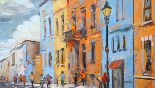 Schilderij kleurige gevels - muren in oranje blauw en geel, Antiek en Kunst, Kunst | Schilderijen | Modern, Verzenden