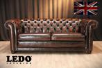 Originele Engelse Chesterfield 3-zitsbank, rundleer, bruin, Huis en Inrichting, Chesterfield, Driepersoons, Ophalen of Verzenden