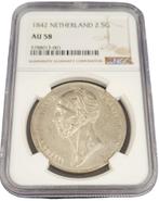 Koning Willem II 2 1/2 gulden 1842 AU58 NGC, Zilver, Losse munt, Verzenden