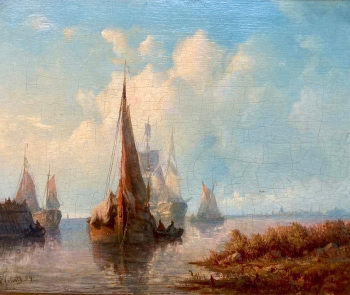 Jan Frederik Schutz (1817-1888) - Zeilboten bij haveningang., Antiek en Kunst, Kunst | Schilderijen | Klassiek