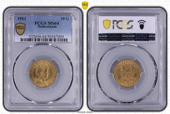 Gouden Wilhelmina serie 10 gulden 1911-1933 MS64 PCGS, Postzegels en Munten, Munten | Nederland, Losse munt, 10 gulden, Koningin Wilhelmina