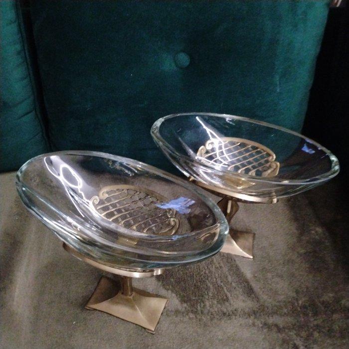 Kom op een voet (2) - Glas, Messing - Art Deco, Antiek en Kunst, Curiosa en Brocante
