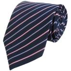 Donkerblauwe stropdas met roze/paarse dunne strepen - 8cm, Nieuw, Met patroon, Blauw, Losse Blouse Kraagjes