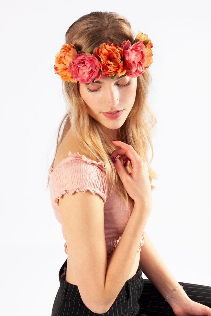 Bloemenkrans Haar Pioenrozen Oranje en Roze Bloemen Haarband, Kleding | Dames, Carnavalskleding en Feestkleding, Accessoires, Nieuw