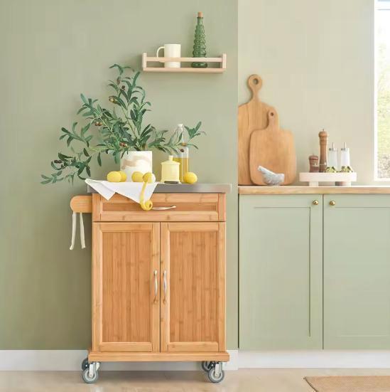 Bamboe Keukentrolley met RVS Blad, Kast en Lade – 90 cm, Huis en Inrichting, Keuken | Keukenelementen, Nieuw, Verzenden