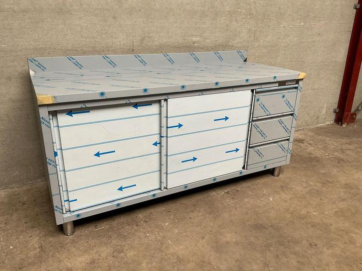 RVS Werktafel met Schuifdeuren en 3 laden 180cm, Zakelijke goederen, Horeca | Keukenapparatuur, Nieuw in verpakking, RVS Meubilair