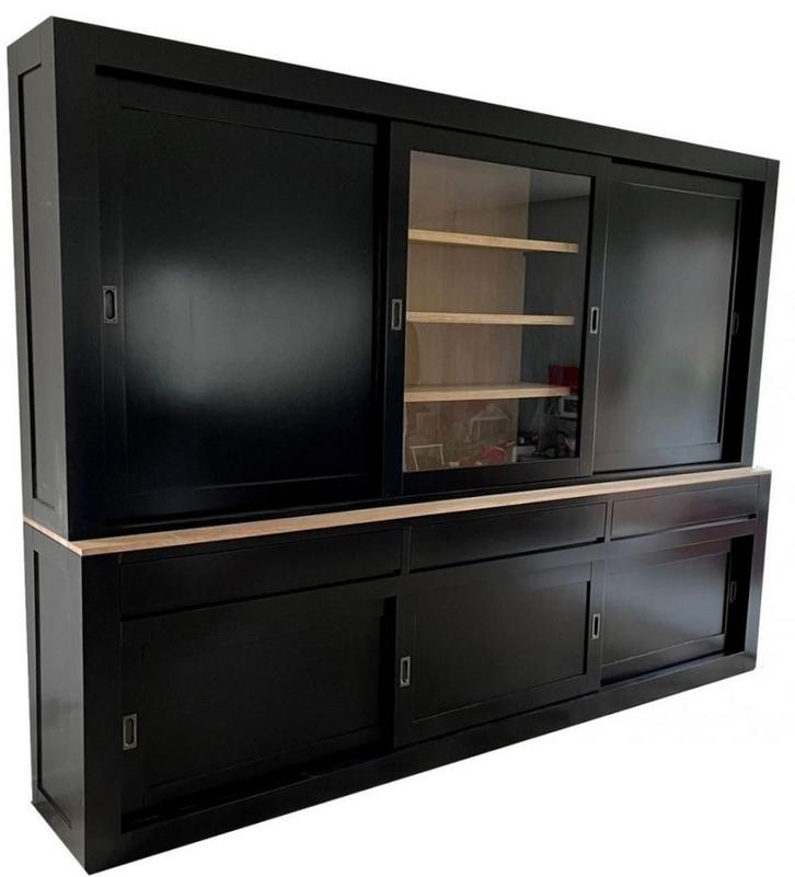 Buffetkast zwart Vaassen 300cm met eiken interieur en lijst, Huis en Inrichting, Kasten | Buffetkasten, Ophalen of Verzenden